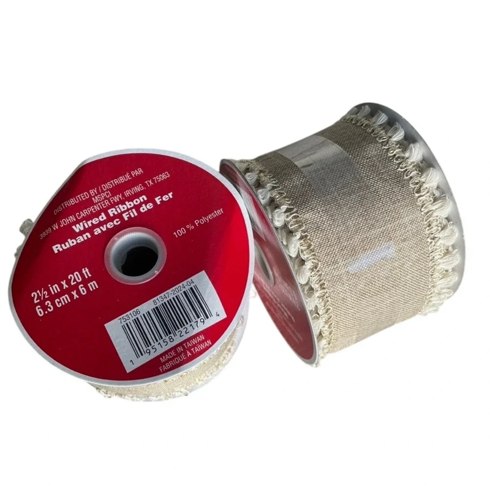 Celebrate It Wired Ribbon Burlap Textured Beige with‎ Tassels 2.5 Inch 20 Yards